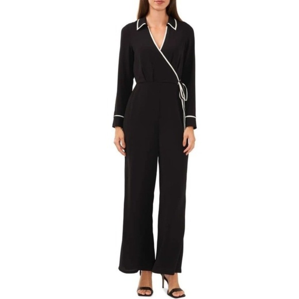 Nordstrom Halogen Black Jumpsuit White Trim Faux Wrap Career Party Cocktail Hour